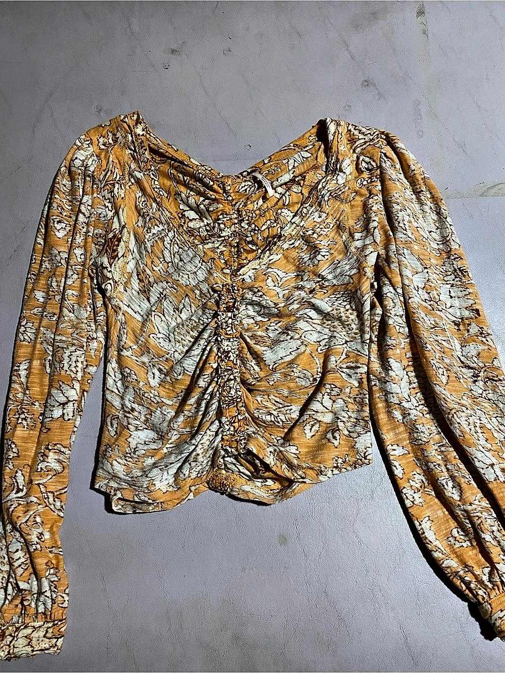 Free People Dreamed of You Top Floral Ruched Blouse in Orange & Blue